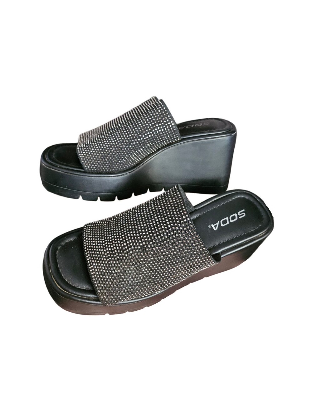 Soda Y2K Bling Silver Rhinestone Black Platform Sandals Whimsy Gothic Style